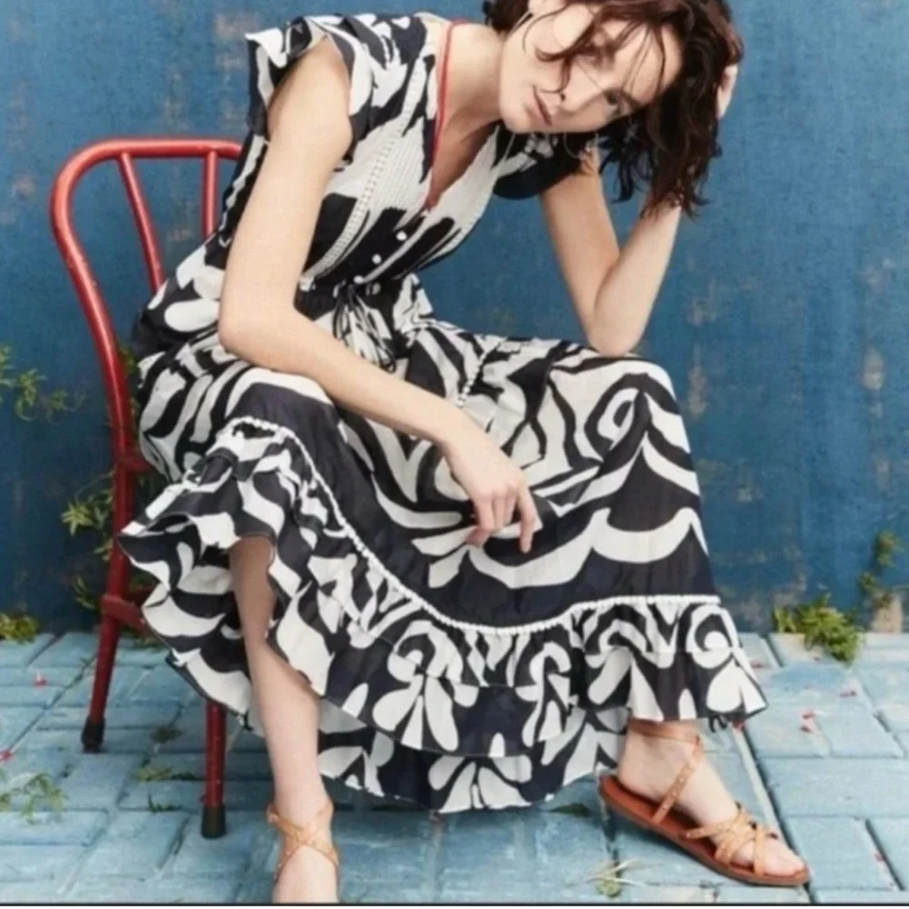 POINT SUR J CREW RATTI PRINT TIER RUFFLED NAVY & WHITE MAXI DRESS NEW WITH TAGS - Picture 5 of 14